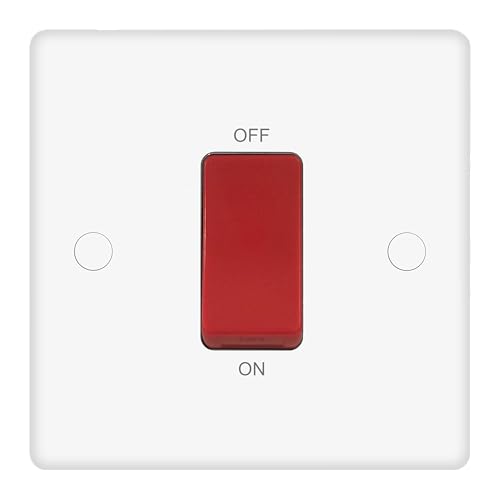 Image of EVOGES Vector 45A Double Pole Switch – White Gloss Single Plate with Red Rocker, Includes Fixing Screws & Screw Caps, Cooker/Shower/High-Load Appliance Isolator, UK Standard Wall Mount
