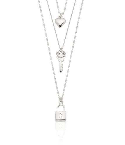 925 Sterling Silver Lock Heart Love Key Multi Strand Layering Necklace 16 inch Chain