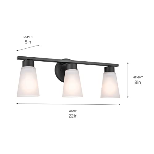 Image of Kichler Stamos 3-Light Bathroom Vanity Light Fixture with Satin Etched Glass Shades, 22 in Modern Wall Light in Black for over Mirror (22 in x 5 in x 8 in), 52608BK