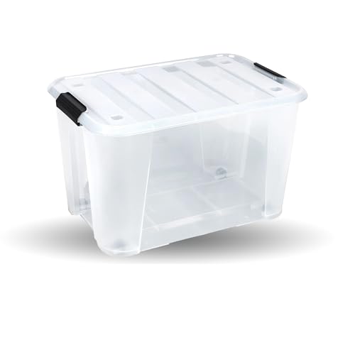Image of Clear Heavy Duty Bulk Storage Container with Lids Pack of 4, 52 Litre | Stackable Plastic Bins with Handles & Rolling Wheels | BPA-Free, Multi-Purpose for Kitchen, Pantry, Office, or Garage