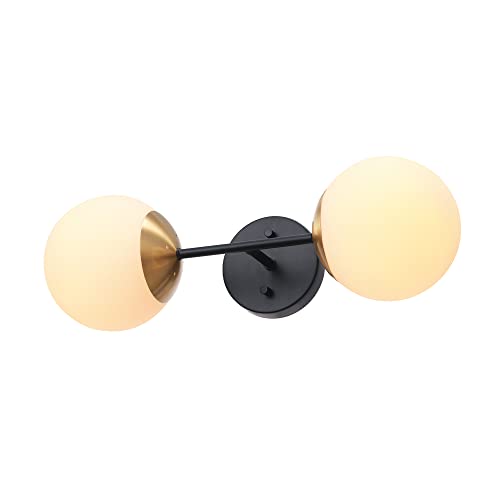 Image of Globe Electric 52079 2-Light Wall Sconce, Matte Black, Antique Brass Accent Socket, Matte Opal Glass Shades, Modern Light for Living Room or Bedroom, Dimmer Switch Compatible, E26 Base