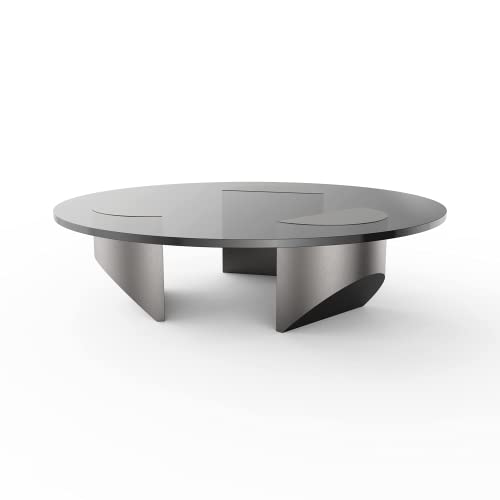 Round Glass Coffee Table Wedge Coffee Table, Modern Coffee Table With Tempered Glass Top End Table, Heavy Duty Polished Steel Legs Support For Living Room Home Office (Black + Brushed Steel) #TOP5