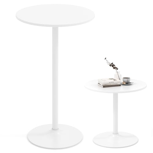 COSTWAY 2-in-1 Bar Table Set of 1/2, 56cm/101cm Height Adjustable Coffee Table with Detachable Pole & Metal Base, 60cm Round Cocktail Dining Table for Dining Room, Restaurant, Kitchen (1, White)