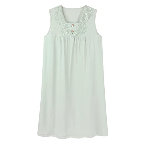 OFFSUM Verano Clásico Algodón Tallas Grandes Casual Sin Mangas Color Sólido Encaje Bordado Vestido Camisón Homewear Ropa Interior,Verde,M