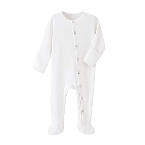 Baby Footed Pajamas with Mittens Cotton Long Sleeve Snap-up Romper Jumpsuit Sleep and Play 0-12 Months (0-3 Months, White)