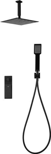 IMEX - Ensemble de douche mitigeur encastré avec poignée et pommeau - Douches encastrées plafond - Robinetterie de salle de bain (noir mat)