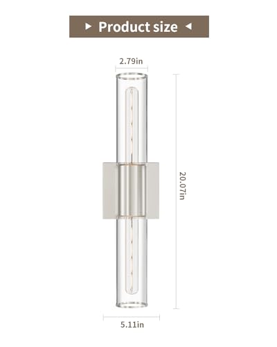 Image of 2 Pack Brushed Nickel Bath Vanity Light Fixtures, Indoor Wall Sconce Light with Cylinder Clear Glass Shade, Modern E26 Elegant Bathroom Wall Mounted Lighting for Bedroom Living Room Porch