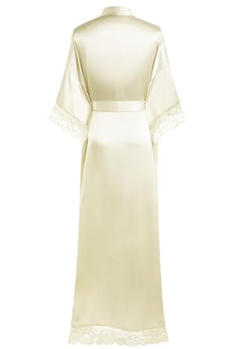 Image of BABEYOND Satin Kimono Robe Silky Long Bridesmaid Wedding Lightweight Bath Robe with Lace Trim