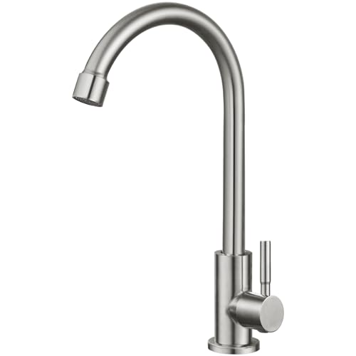 Brushed Nickel Kitchen Faucet Cold Water Only 1 Hole Single Handle 360 Degree Swivel Spout Deck Mount High Arc SUS304 Sink Bar Tap Goose Neck with Hose and Longer Thread Pipe
