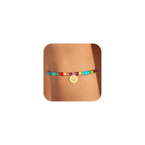 Colorful Initial Bracelets for Women Girls, Cute Beaded Initial Bracelet Teen Girl Gifts Trendy Stuff Gold Disc Letter Bracelet Personalized Gifts for Women Jewelry