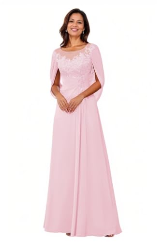 Cape Scoop Neck Mother of The Bride Dresses for Women Lace Appliques Chiffon Formal Evening Gown with Fake Sleeves