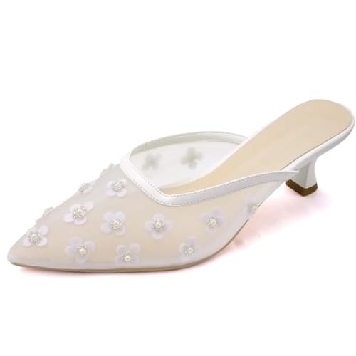 Black Mule Sandals For Women Crystal Flower Decor Low Kitten Heel Mesh Slip on Pointed Closed Toe Pumps Comfort Dress Party Shoes