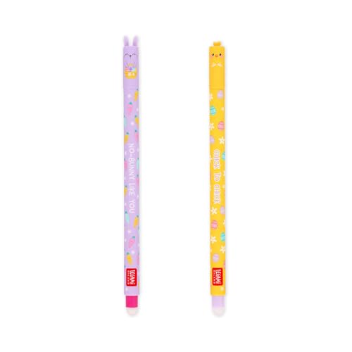 Imagen del set de 2 bolígrafos borrables Legami en colores pastel, rosa y amarillo, con diseños de conejito y pollito, ideal para la edición de Pascua