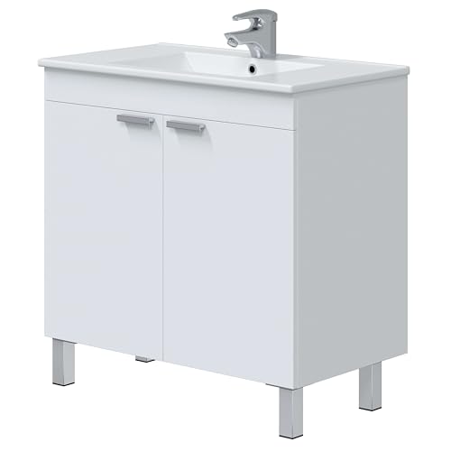 Miroytengo Meuble de salle de bain 80 cm Atenea avec pieds armoire 2 portes rabattables, couleur blanc brillant (sans lavabo)