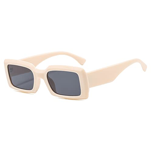 RUNHUIS Lunettes de soleil rectangulaires vintage pour femme et homme - Rétro - Petites carrés - Lunettes de soleil rectangulaires tendance, beige Cover