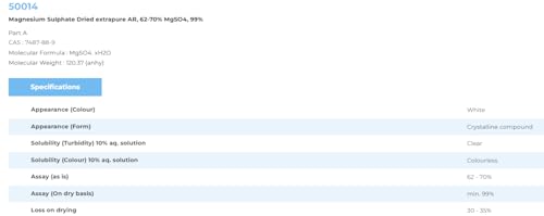 SRL Magnesium Sulphate Dried extrapure 500GM AR GRADE, 62-70% MgSO4, 99%(CAS 7487-88-9),Molecular Formula : MgSO4. xH2O, Molecular Weight : 120.37 (anhy),Shelf Life : 60 Months,