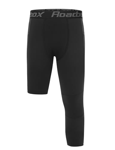 Roadbox Boys One Leg Compression Pants,Athletic 3/4 Football Tights,Youth Single Leg Sports Base Layer Leggings Pockets2