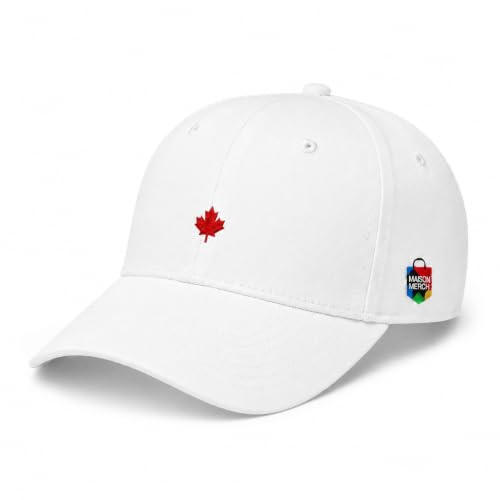 MaisonMerch Canada Baseball Cap Structured Red & White Cotton Hat with Embroidered Maple Leaf Adjustable Buckle Strap One Size Fits Most Unisex Sports & Tournament Wear