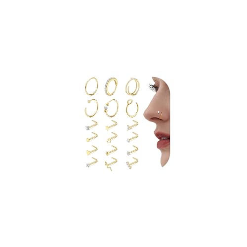Jstyle 14K Gold Nose Rings for Women Men - 20G Stainless Steel Nose Rings Hoops L Shaped Studs Hypoallergenic Nostril Piercings Jewelry Helix Cartilage Daith Tragus Sleeper Earring Gold