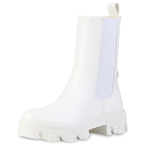VAN HILL Damen Plateau Boots Blockabsatz Stiefeletten Freizeit Schuhe Ketten Stiefel Profilsohle Booties Absatzschuhe 201146 Weiss 41