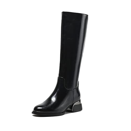 Tinacus Women's Genuine Leather Handmade Side Zip Up Round Toe Mid Chunky Heel Knee High Riding Boots (Black, Us9) #TOP19