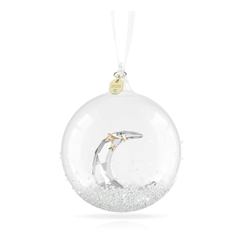 Swarovski Annual Edition Weihnachtskugel 2025, Festliche Glaskugel mit 2.200 Kristallen, Mondsichel mit Goldfarbenen Sternen und Weißem Ripsband, Größe: 10.9 x 7 x 7 cm