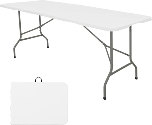 Folding Table, 240cm Camping Table Portable, Heavy Duty Plastic Rectangular Outdoor Dining Table Steel Legs Fold-in-Half with Carrying Handle for Indoor, Picnic, Party, Wedding (White-75 * 240cm)