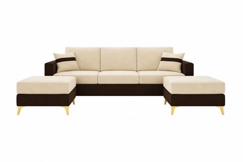 Image of Strike Dual Tone Plush Velvet 3 Seater Sofa Set with 2 Ottoman | Silken Velvet Suede Upholstery | Golden Metal Legs | Designer Sofa for Living Rooms & Office Spaces (Dark Brown & Cream) | Breathable Material