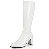 AYZAL Go Go Stiefel für Damen, 1960er /70er Jahre, kniehoch, Retro Blockabsatz, Mädchen Stiefel, weiß, 38 EU
