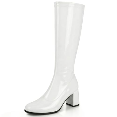 AYZAL Womens Ladies Fancy Dress 1960S 70S Knee high Go Go Boots Retro Block Heel Girls boots (White UK Footwear Size System Adult Women Numeric Medium 5)