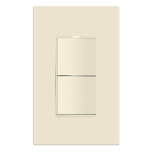 Image of LIDER Lighted Double Switch with Screwless Wall Plate, Combination Frameless Decorator Switch with Locator Light, Ground Terminal, Single Pole, 15A 120V, UL Listed, Thermoplastic, Matte Light Almond