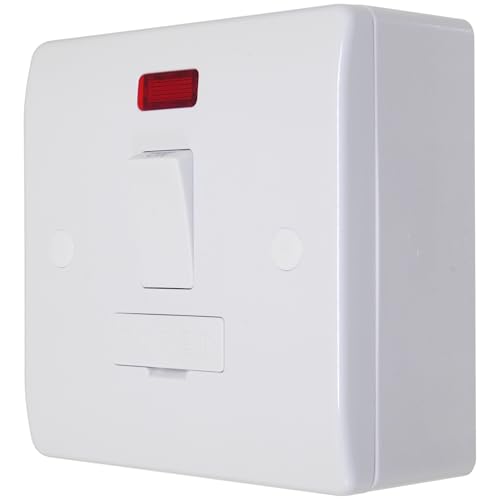 Image of Fused Spur Switch with Back Box and Neon 25mm Pattress 13A For Heaters, Immersion, Towel Rails, Fans, Lighting, Washing Machine, Dishwasher