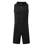 Holajoy Men's Short Jumper Hooded Rompers Casual Zip Sleeveless Summer Drawstring Soft Fall Jogger Romper Black X-Large