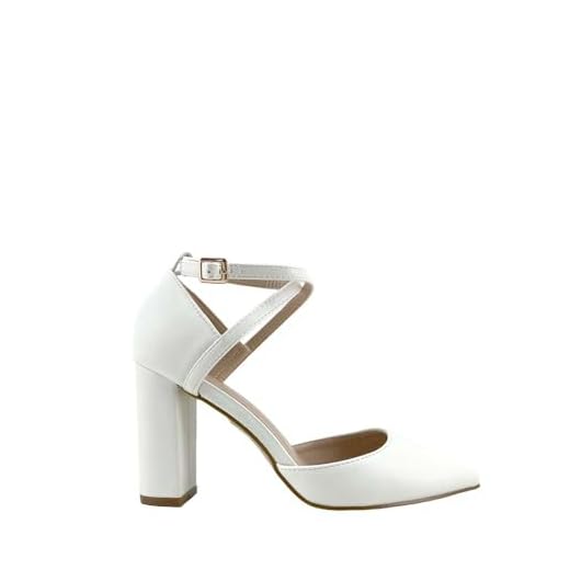 MODELISA - Zapatos De Tacón Ancho Salón PU Hebilla Pulsera Tobillo Fiesta Boda Novia Mujer (Blanco, 36)