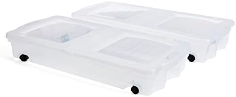 Rubbermaid Under the Bed Wheeled Storage Box, 68 Qt, Pack of 2, Plastic Containers with Dual-Hinged Lids and Sturdy Wheels, Visible Organization for Tight Spaces