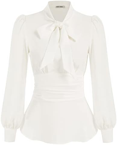 Solid Color Elegant Bow Tie Neck Long Sleeve Work Office Blouse Top Ivory L