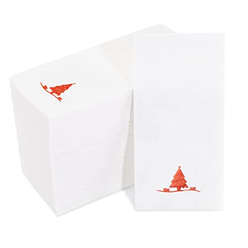 Nervure 50 Stück rote Weihnachts-Papierservietten - robuste Einweg-Servietten - Premium-Qualität 3-lagige Dinnerservietten - roter Weihnachtsbaum Einweg-Papierhandtücher für Weihnachten & Party Cover