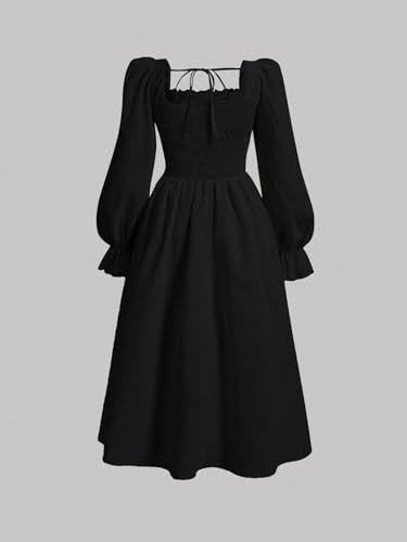 Women's 2024 Midi Dress Long Sleeve Tie Back Flounce Sleeve Dress2