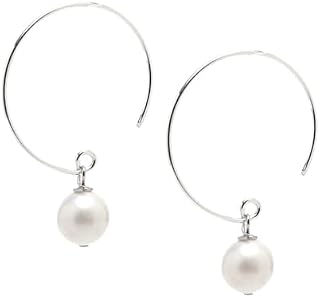 TreasureBay Boho Silver Hoops Earring | Hoop earrings with Beads | Handmade 10 Natural Gemstone Ball Beaded Dangle Drop earrings For Women Girls (White Freshwater Pearl)
