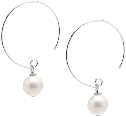 TreasureBay Boho Silver Hoops Earring | Hoop earrings with Beads | Handmade 10 Natural Gemstone Ball Beaded Dangle Drop earrings For Women Girls (White Freshwater Pearl)