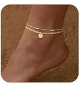 Bouzilli Initial Ankle Bracelets for Women 14K Gold Plated Dainty Layered Round Letter Anklets Be...