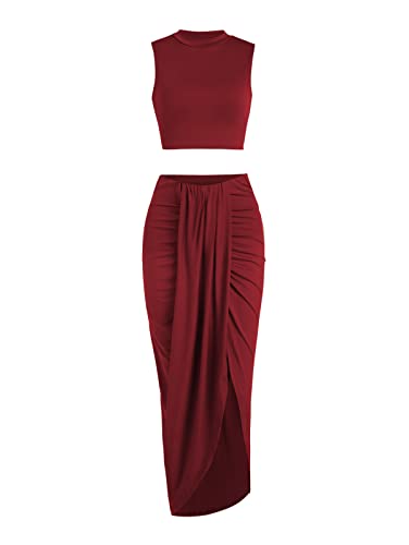 Image of ZAFUL Women's Casual Sleeveless Summer Two Piece Outfits Crop Top and Side Split Draped Ruched Maxi Skirt Set Solid Suiting