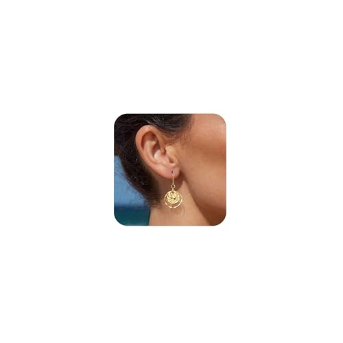 Freekiss Disc Leverback Earrings for Women: Dainty 14k Gold Plated Dangle Earrings for Women Hypoallergenic Hammered Teardrop Coin Earring Set Gold Jewelry for Womens Trendy