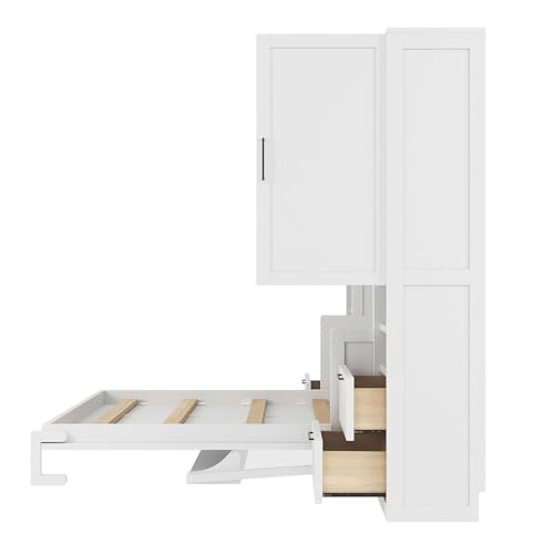 Image of Merax Full Size Murphy Bed with Desk, Closet, Drawers and Shelves, Multifunctional Foldable Wood Platform Bed Frame for Small Spaces Studio Study Office Guest Room, Space-Saving Design, White