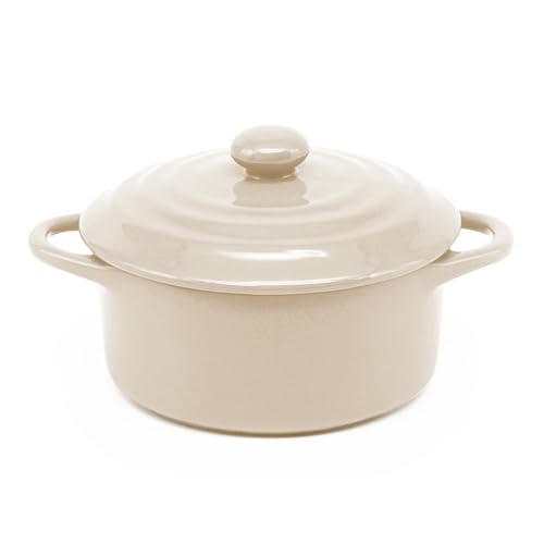 Kook Ceramic Mini Cocotte Set, Small Casserole Dishes with Lids and Handles, Individual Baking Ramekins, Oven safe 500F, Microwave & Dishwasher Safe, Stoneware, 12 oz, Set of 4, (Ivory)
