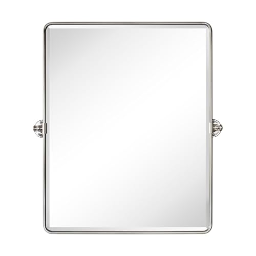 Image of Farmhouse Pivot Rectangle Bathroom Mirror Brushed Nickel Metal Framed Tilting Beveled Vanity Mirrors for Wall, Overall 27.91x 30 inches (Mirrror 24 x 30 inches)