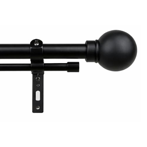 Image of 48 inch-88 inch Adjustable Double Curtain Rod For Door & Windows With Brackets Set Curtains Hanging Extendable Iron Metal Pipe Holder With Ross Grey Metal Finial (Black, 0.78 inch Diameter)