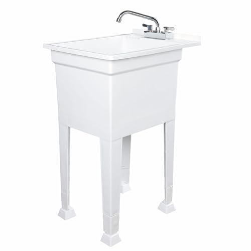 Freestanding Utility Tub Sink with Quick Connect Drain, 18 x 24", White - Portable and Compact Sink with Faucet for Outdoor Kitchen, Laundry Room, Garage, and Basement