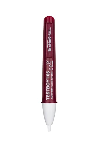 Comprobador de tensión sin contacto Testboy 105 de 12 V CA con pantalla óptica, acústica y vibratoria (detector de tensión, linterna LED integrada, CAT IV 1000 V), rojo