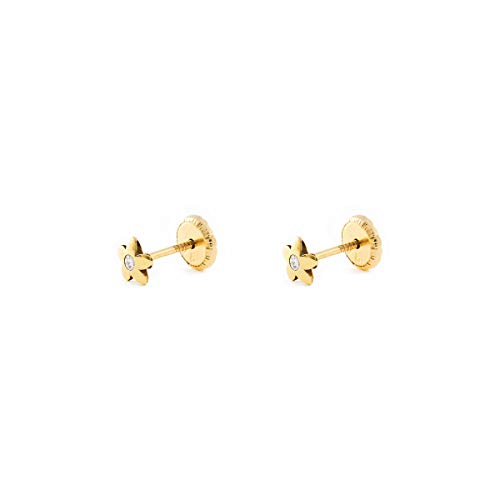 Pendientes Bebe Oro Amarillo Flor Circonita (9kts) - Estuche Regalo - Certificado de Garantía - Mondepetit